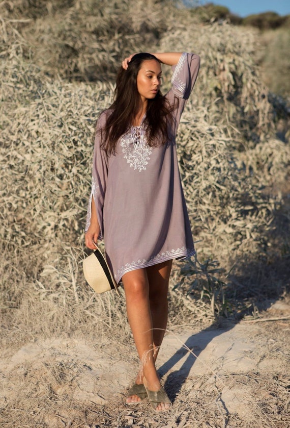 Summer Grey Dress White Boho Tunic Loungewear, Resortwear